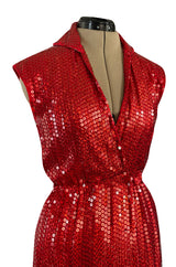 Iconic 1970s Halston Couture Glossy Red Sequin Full Length Wrap Dress w Plunge Front