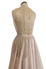 Rare Late 1940s Jacques Fath Pale Nude Silk Organza Dress w Full Skirt & Plunge Front