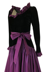 Documented 1980 Yves Saint Laurent Purple Silk Taffeta Ruffle Dress