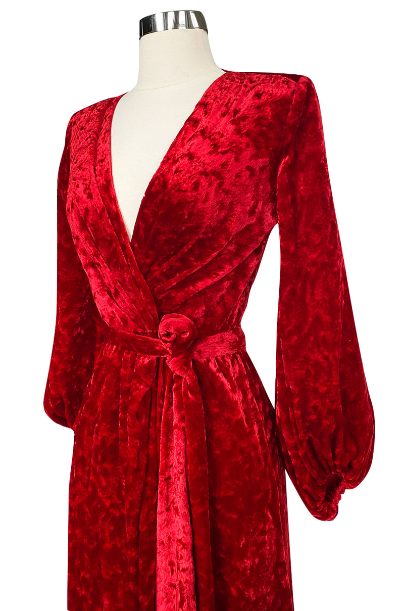 1985 Yves Saint Laurent Red Crushed Velvet Wrap Plunge Dress