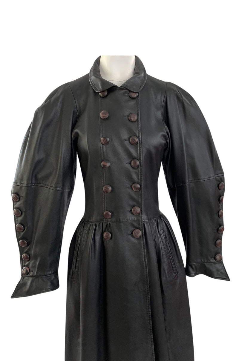 Important Fall 1983 Yves Saint Laurent Runway Leather Coat w Huge Sleeves & Buttons