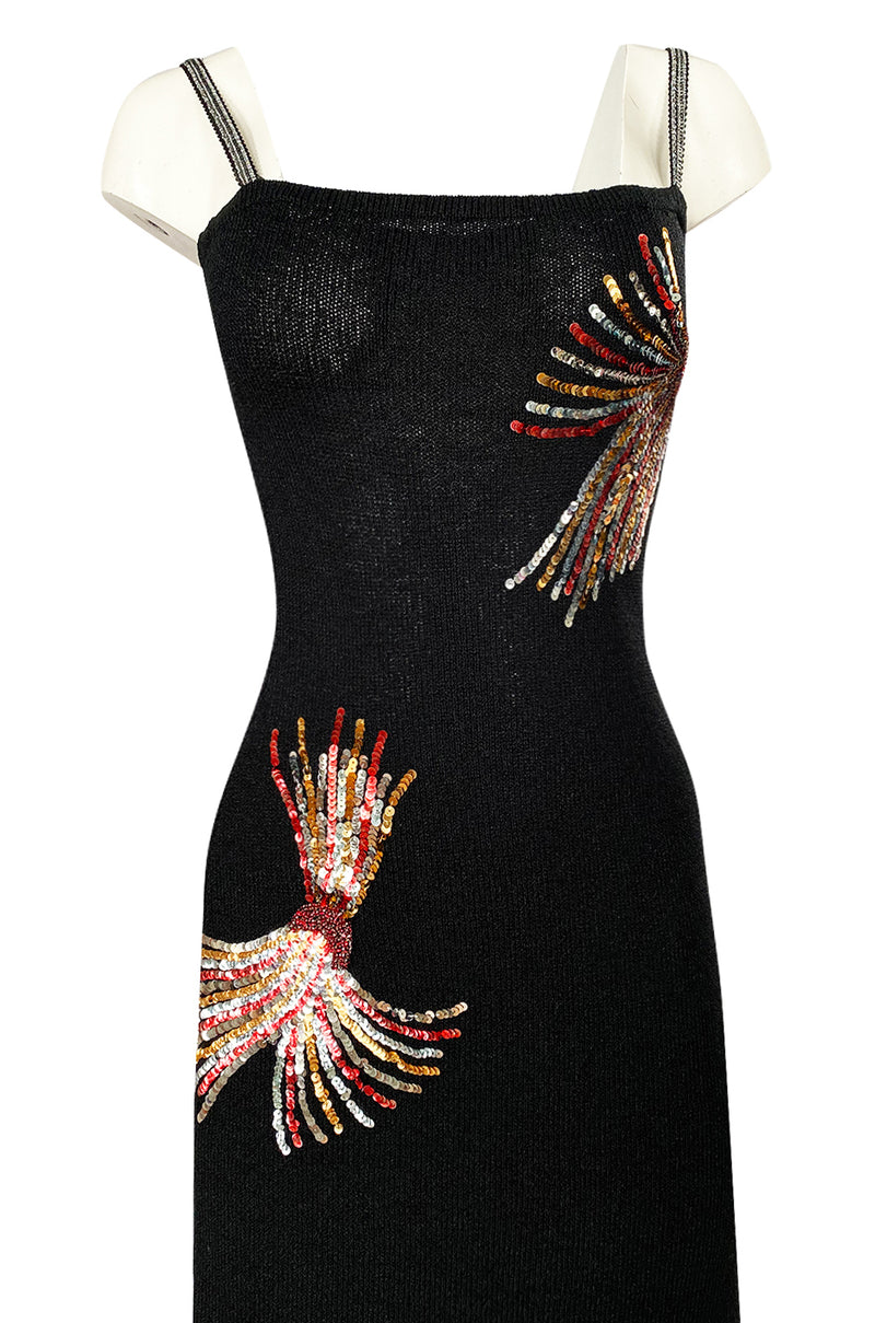 & – Rhinestone Detailing Couture 1970s Adolfo w Black Sequin Dress Shrimpton Stunning Knit
