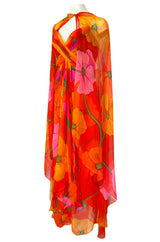 Spring 1992 Bob Mackie Huge Tropical Flower Print Silk Chiffon Dress w Matching Cape