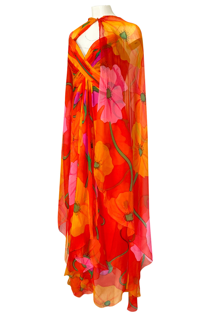 Spring 1992 Bob Mackie Huge Tropical Flower Print Silk Chiffon Dress w Matching Cape