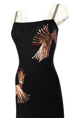 Stunning 1970s Adolfo Black Shrimpton Sequin Detailing Dress Couture w Rhinestone – Knit 