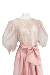 1980s Oscar de la Renta Pale Pink Taffeta, Lace & Chiffon Pouf Sleeve Dress