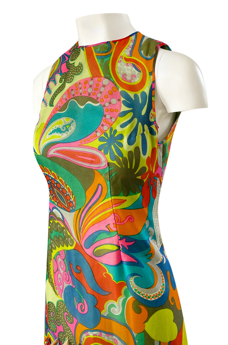 1971 Pierre Cardin Couture Printed Silk Organza Ruffled 'Roundel' Hem Dress