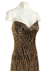 Stunning 1980s Bob Mackie Gold Glass Beaded & Silk Chiffon Strapless Dress