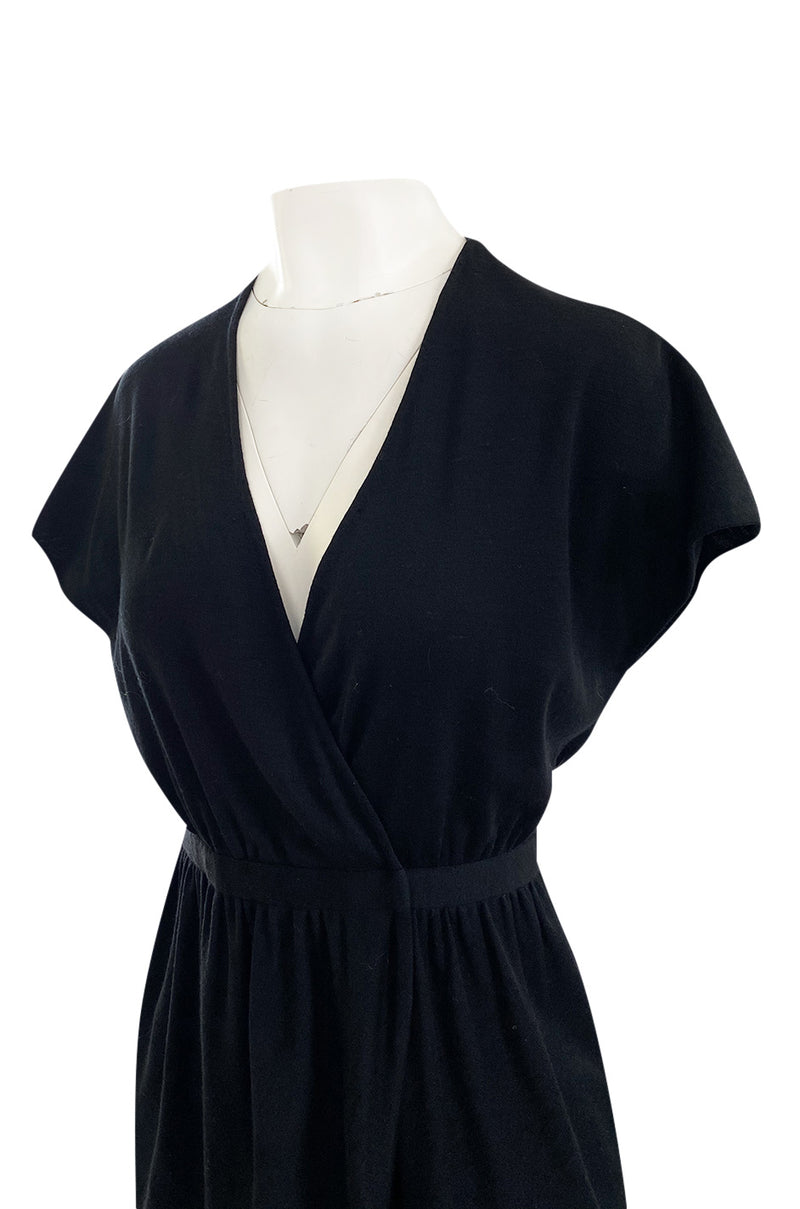 Classic 1970s Halston Soft Black Wool Jersey Front Wrap Dress w Plunging Neckline