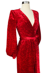 1985 Yves Saint Laurent Red Crushed Velvet Wrap Plunge Dress