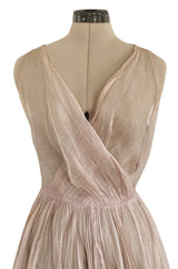 Rare Late 1940s Jacques Fath Pale Nude Silk Organza Dress w Full Skirt & Plunge Front