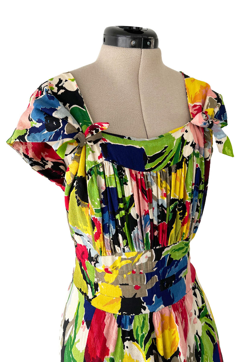 Outstanding 1930s Unlabeled Vibrant & Joyous Mutli Colour Floral Silk Crepe Dress