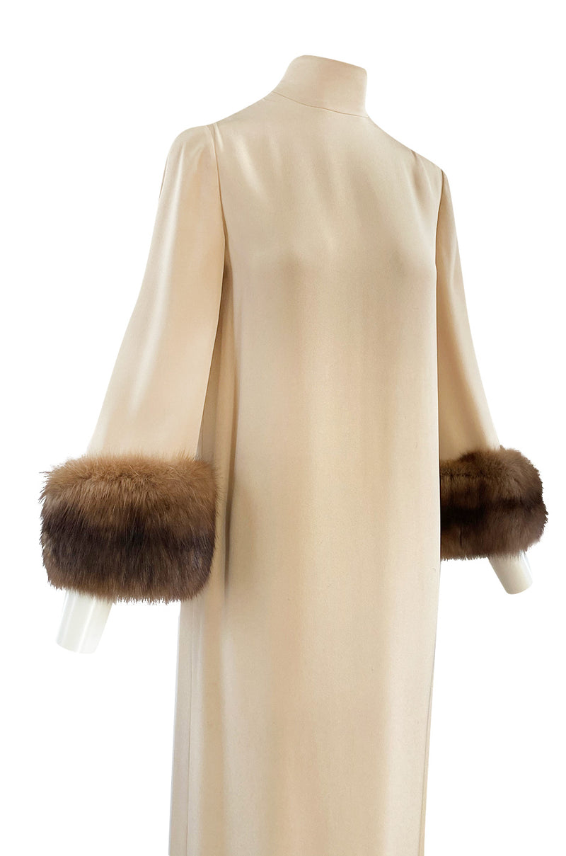 Fall 1966 Norman Norell Couture Ivory Silk Crepe Dress w Natural Mink Cuffs & Hem Detailing