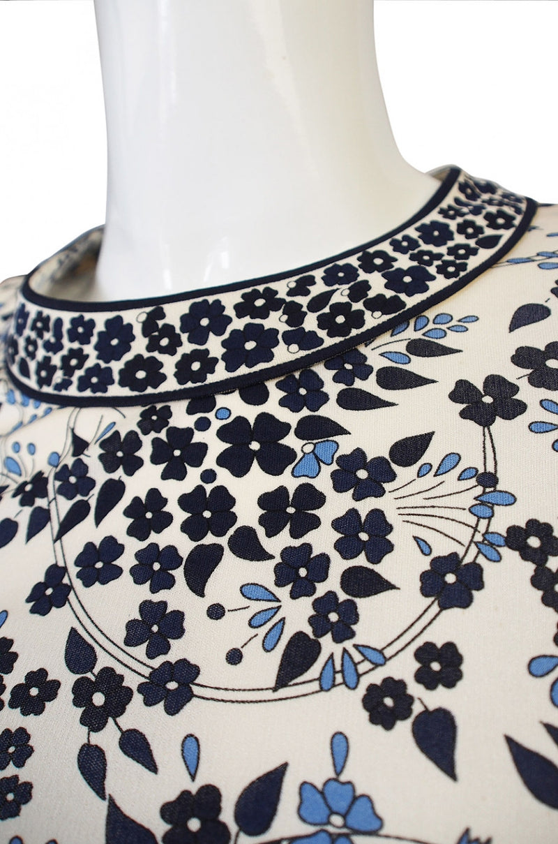 1970s Bessi White & Blue Print Dress