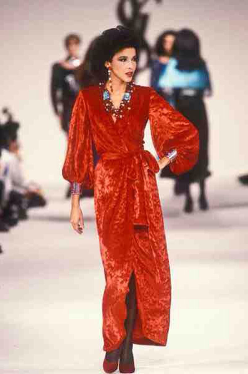 1985 Yves Saint Laurent Red Crushed Velvet Wrap Plunge Dress