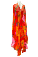 Spring 1992 Bob Mackie Huge Tropical Flower Print Silk Chiffon Dress w Matching Cape