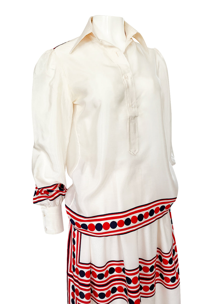 1960s Valentino Two Piece Ivory and Red Striped Silk Skirt & Top Set