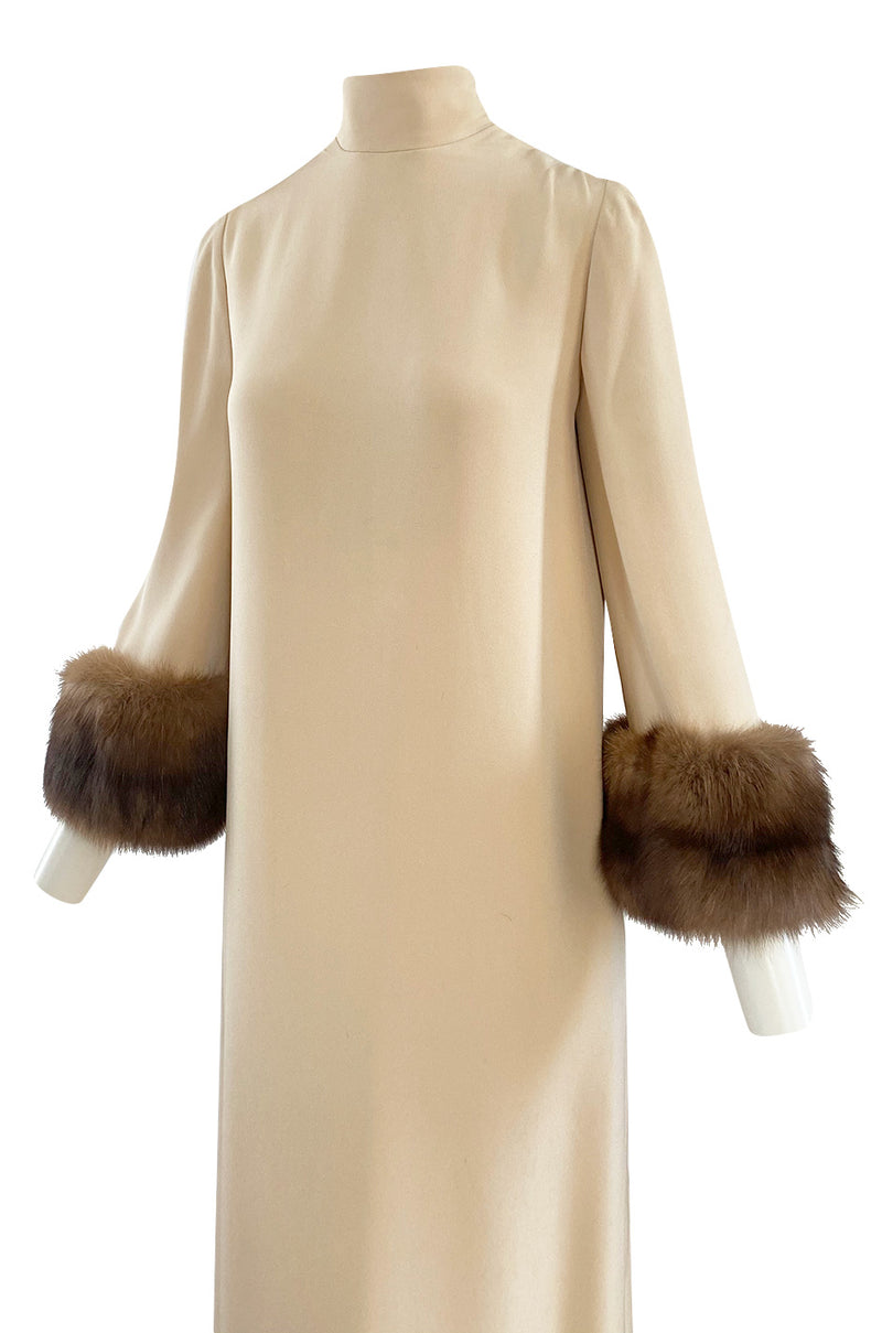 Fall 1966 Norman Norell Couture Ivory Silk Crepe Dress w Natural Mink Cuffs & Hem Detailing