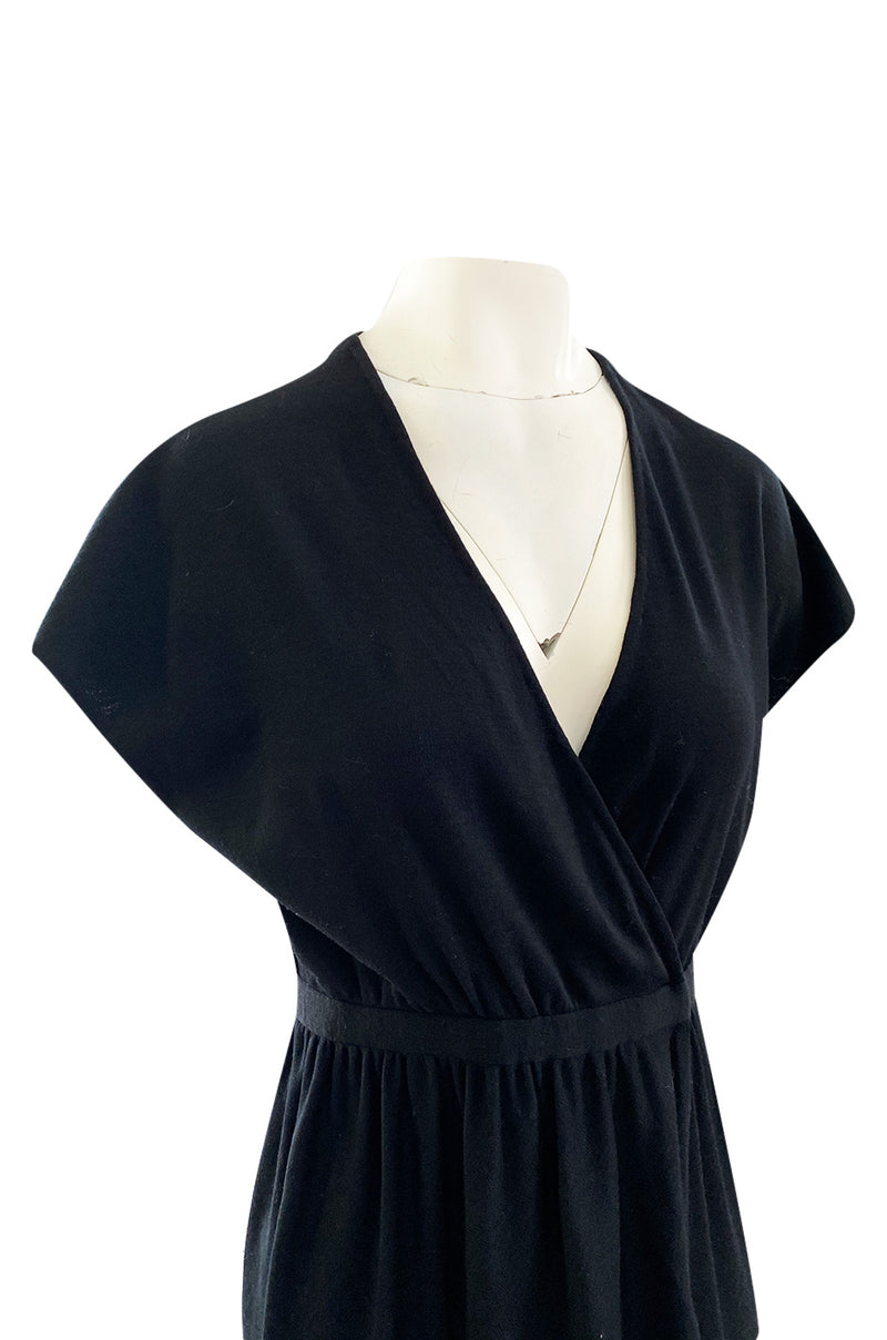 Classic 1970s Halston Soft Black Wool Jersey Front Wrap Dress w Plunging Neckline