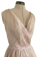 Rare Late 1940s Jacques Fath Pale Nude Silk Organza Dress w Full Skirt & Plunge Front