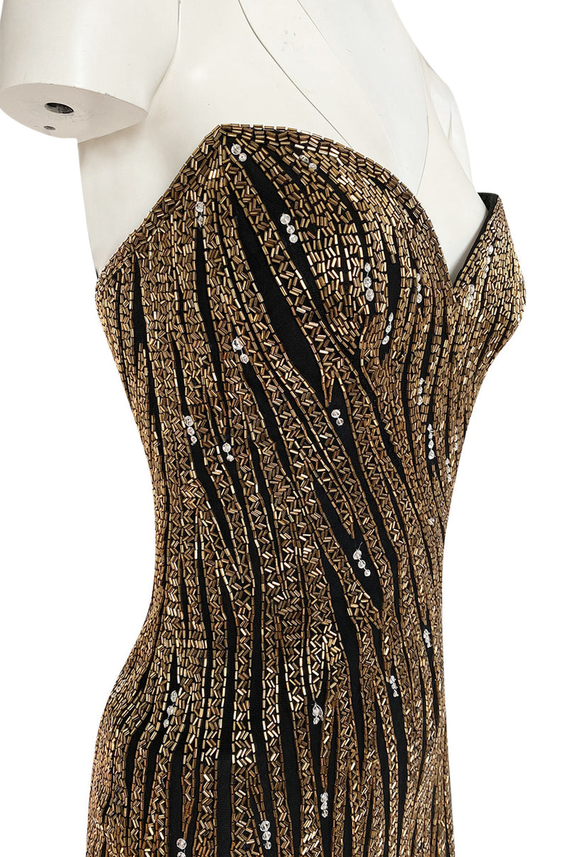 Stunning 1980s Bob Mackie Gold Glass Beaded & Silk Chiffon Strapless Dress