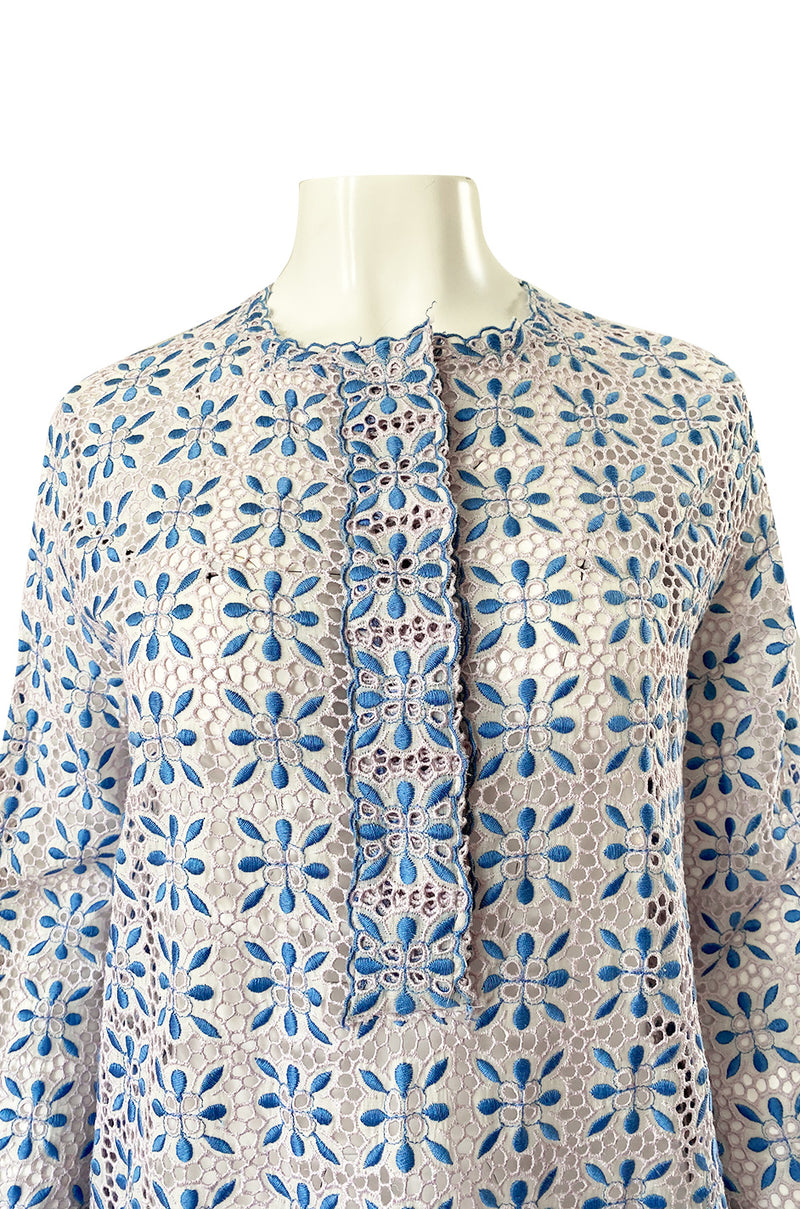 Spring 2014 Luisa Beccaria Palest Blue Open Cut Work Embroidered Caftan Dress w Wide Sleeves