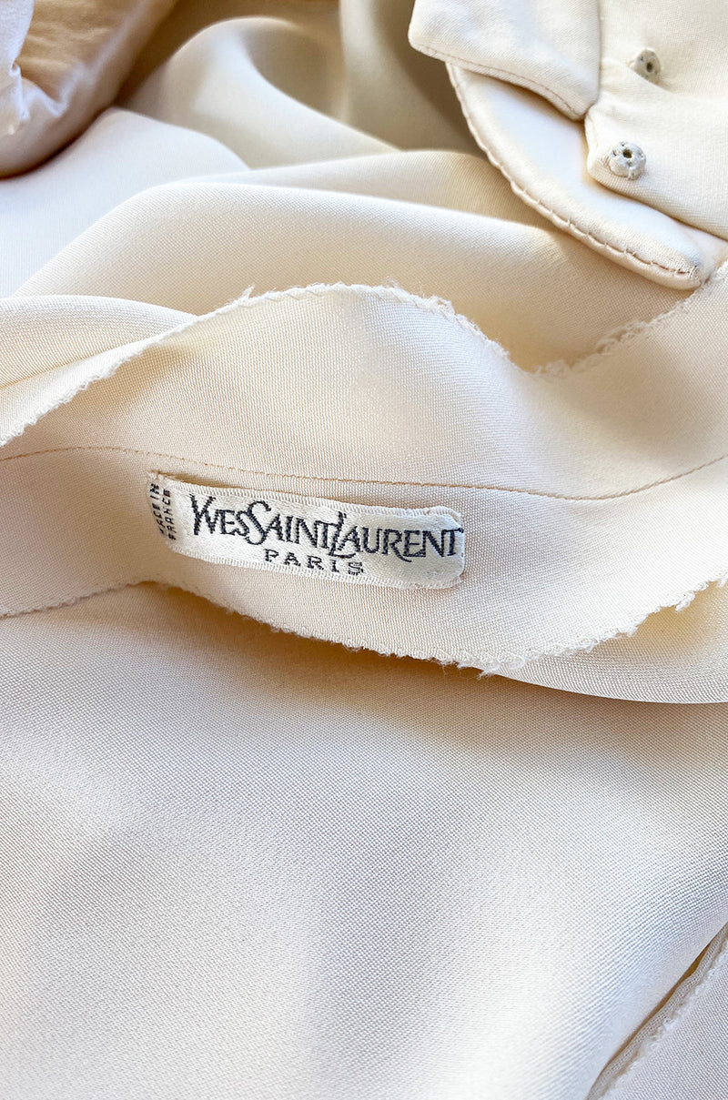 1990s Yves Saint Laurent Haute Couture Ivory Cream Silk Top w Bow & French Cuffs