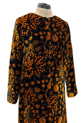 Amazing 1975 Thea Porter Printed Burnt Gold & Black Silk Velvet Caftan Dress