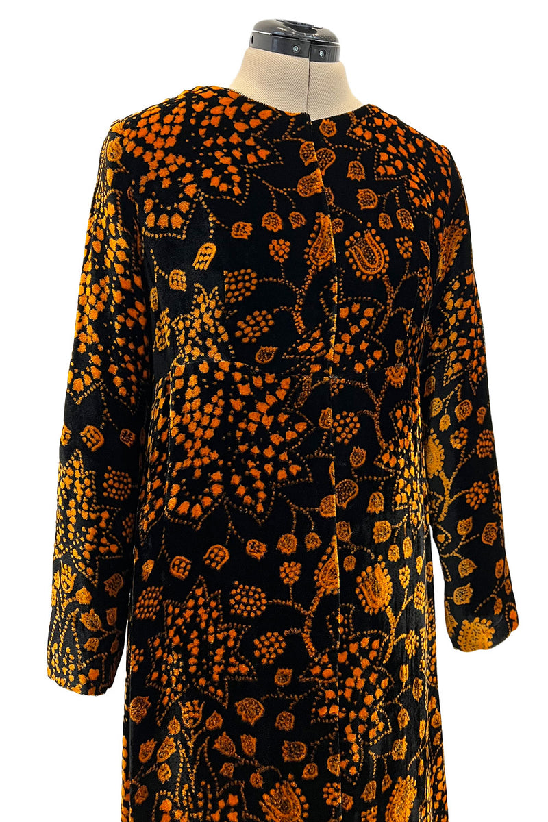 Amazing 1975 Thea Porter Printed Burnt Gold & Black Silk Velvet Caftan Dress