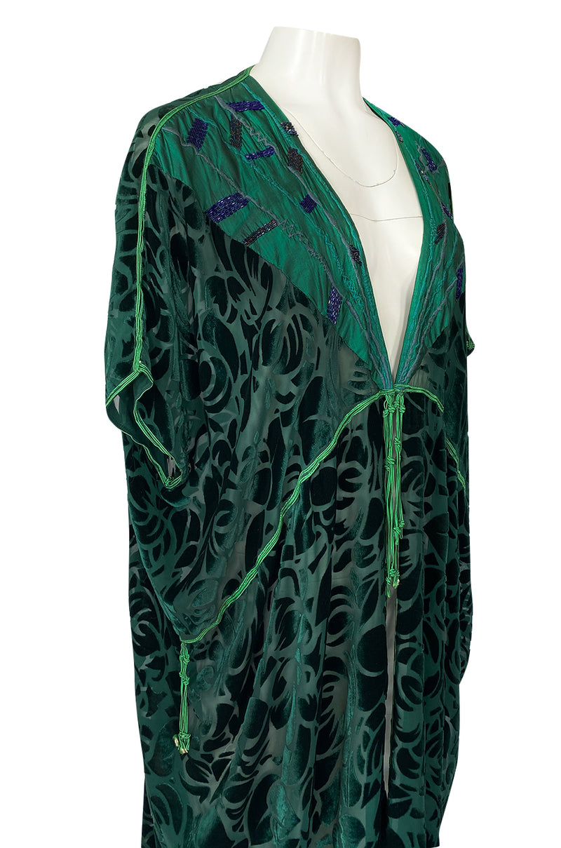 Rare 1977 Thea Porter Couture Green Fused Velvet Open Front Abaya Caftan