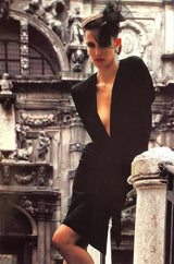 Fall 1983 Yves Saint Laurent Ad Campaign Black Low Front Plunge & Tie Dress