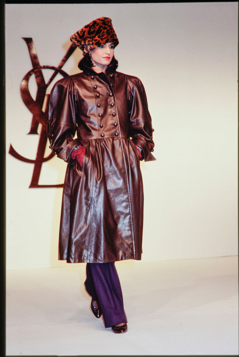 Important Fall 1983 Yves Saint Laurent Runway Leather Coat w Huge