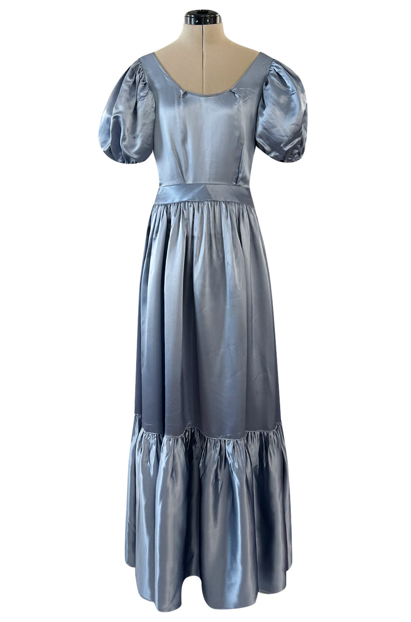 Extraordinary 1940s French Couture Floral Print Pale Blue Grey Net Dress w Original Underdress