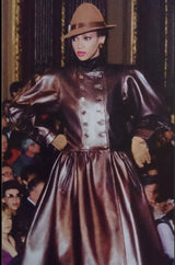 Important Fall 1983 Yves Saint Laurent Runway Leather Coat w Huge Sleeves & Buttons