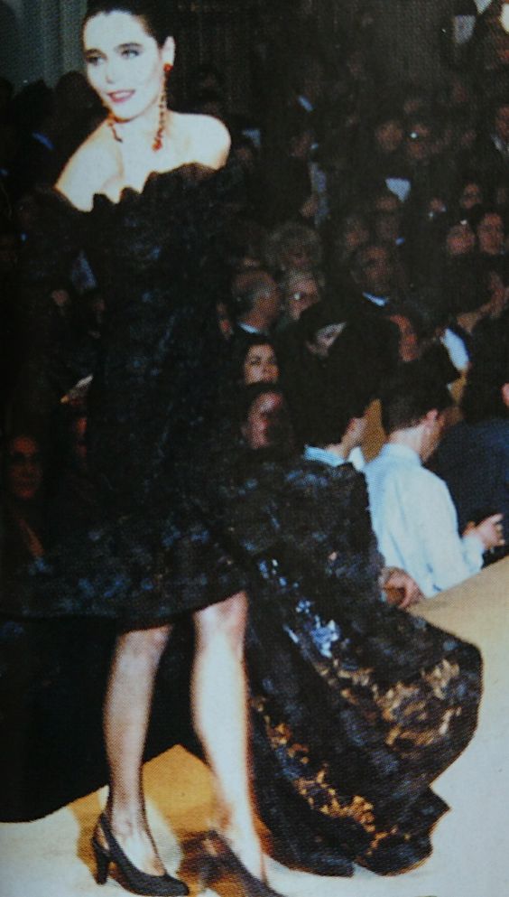 Spring 1987 Yves Saint Laurent Runway Black Net & Raffia High Low Dress w Ruffle Detail