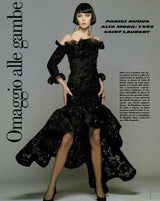 Spring 1987 Yves Saint Laurent Runway Black Net & Raffia High Low Dress w Ruffle Detail