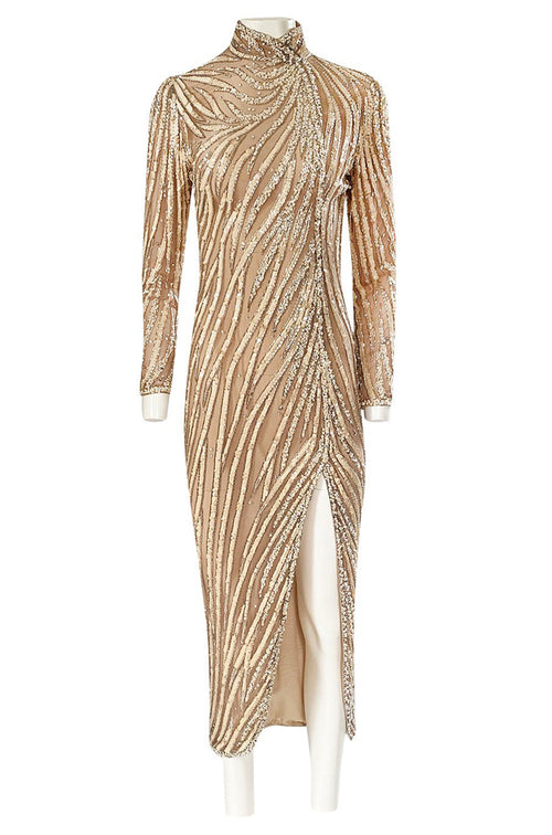 1980s Bob Mackie Ivory Sequin & Nude Stretch Net High Slit Dress