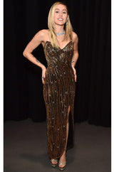 Stunning 1980s Bob Mackie Gold Glass Beaded & Silk Chiffon Strapless Dress