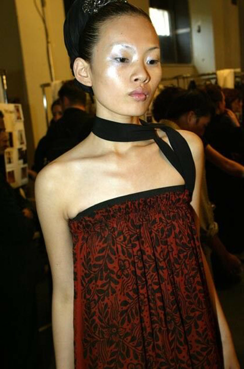 Spring 2003 Lanvin by Alber Elbaz Strapless Printed Silk Dress w Feather Trim Runway Sample Dress